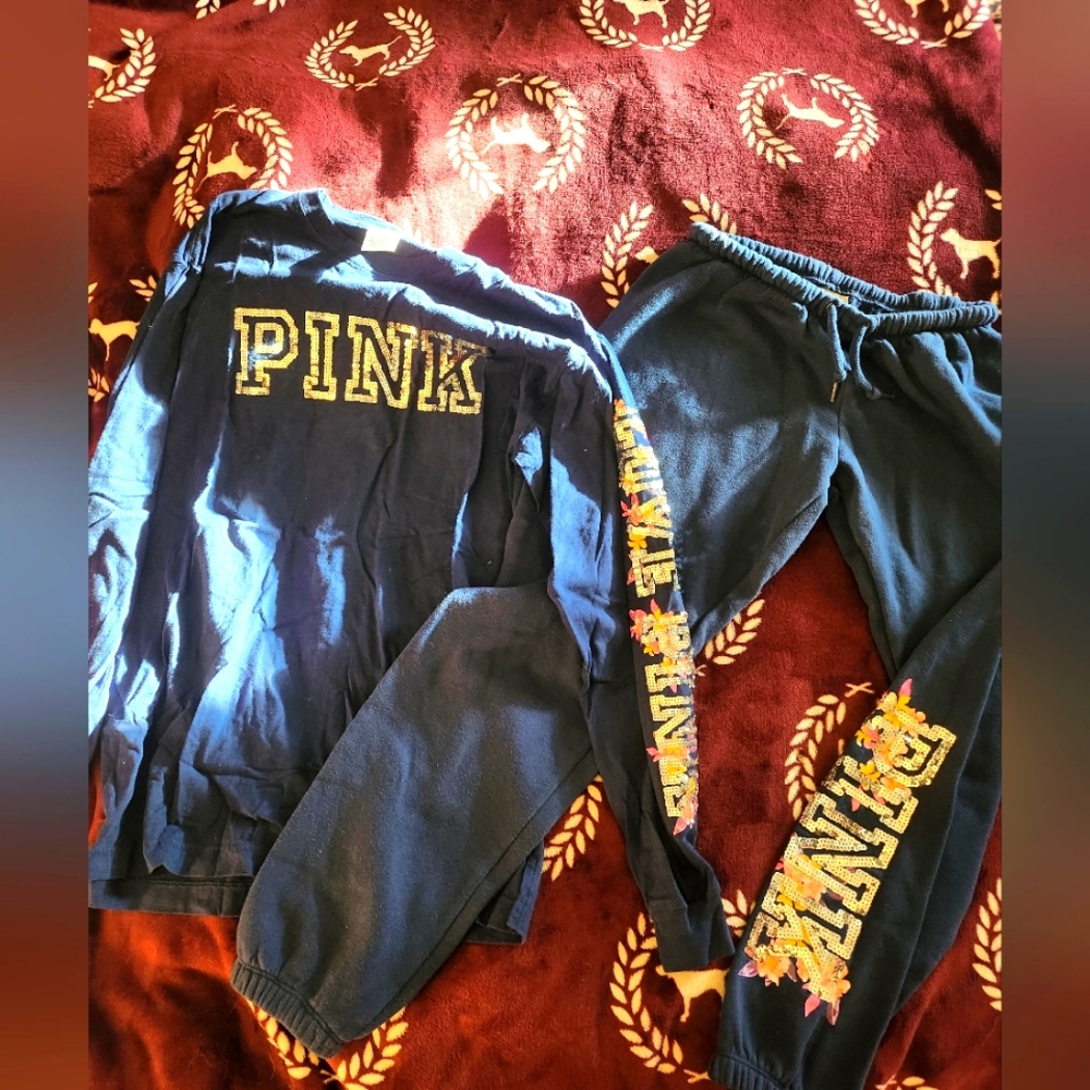 Victoria's Secret PINK Navy bling long sleeved tee and Joggers Set xs